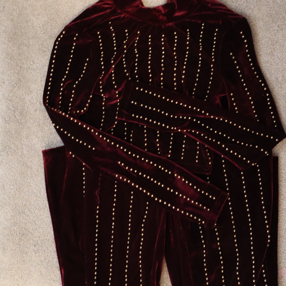 Burgundy Velvet Two Piece Pants Set with Cropped Mock Turtleneck